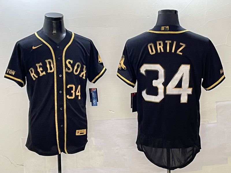Men Boston Red Sox 34 Ortiz Black Gold three generations Elite 2025 Nike MLB Jersey style 5
